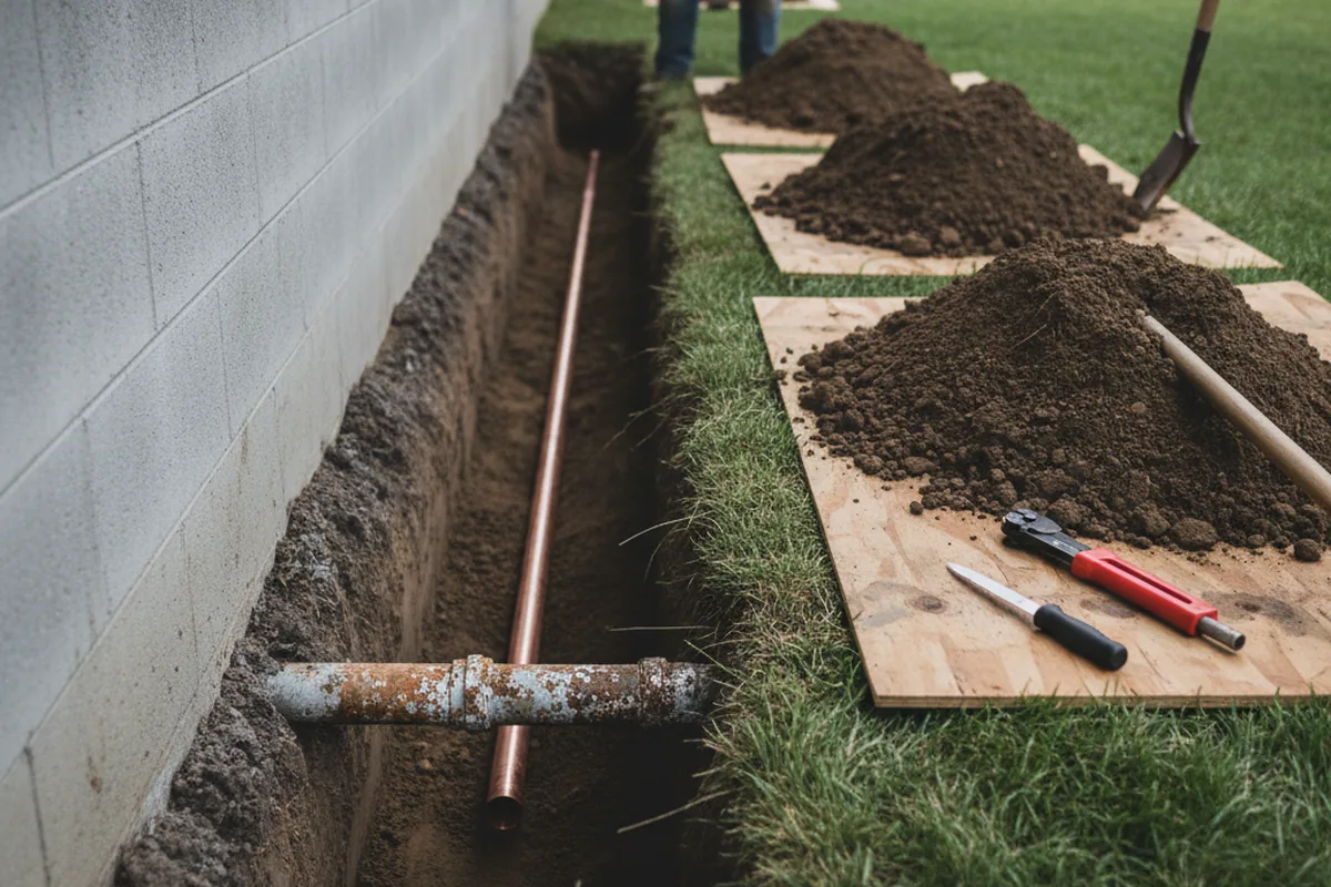 Excavated water line trench during Water Softener Installation in Cohoes